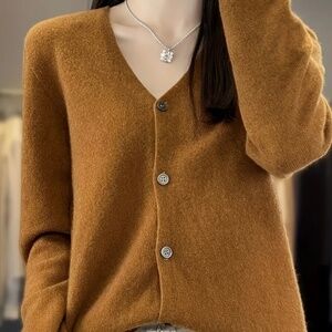 Soft new 100% wool v-neck cardigan, rust, medium, $40.